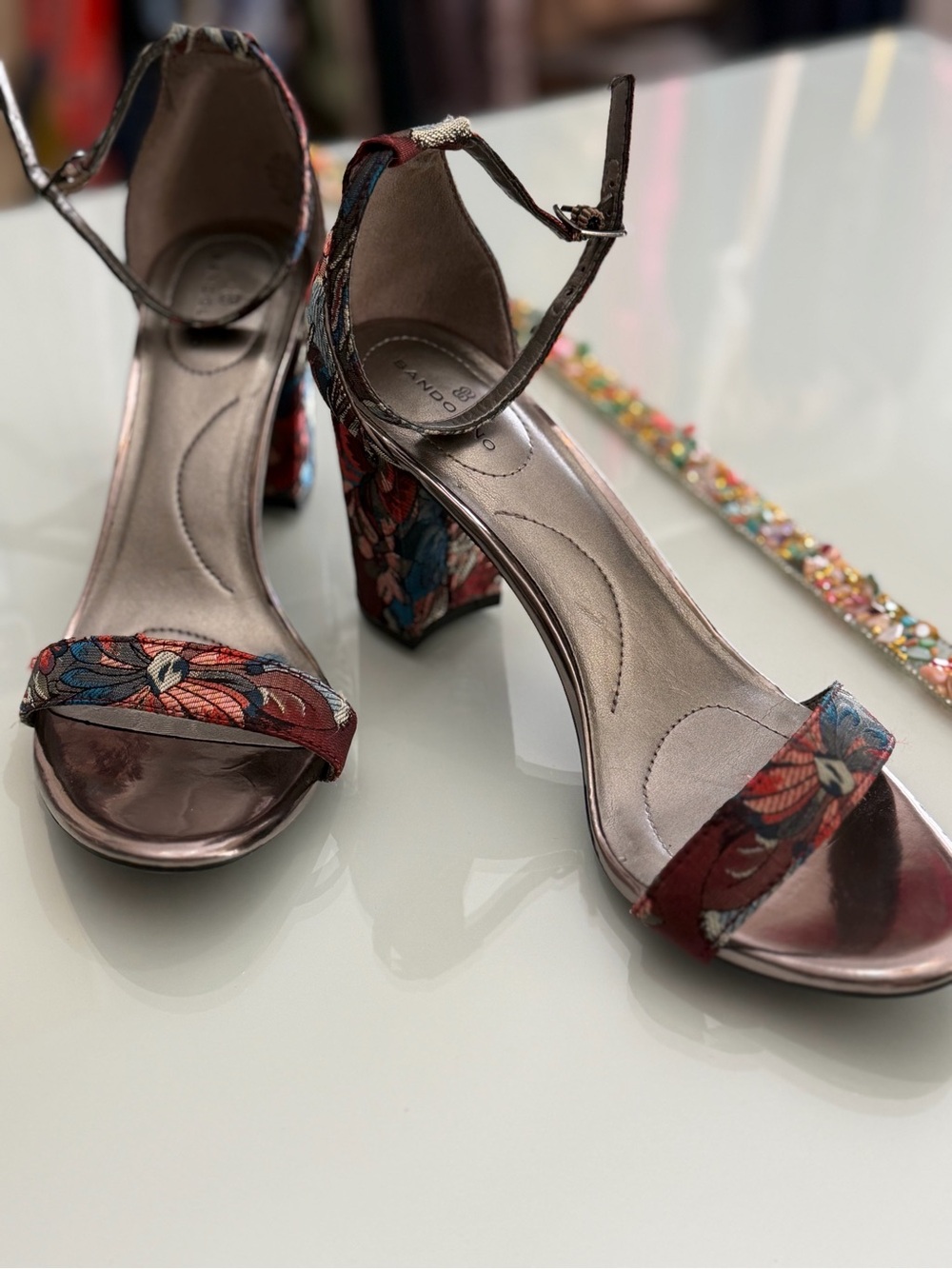 Bandolino Red Floral Block-Heel Ankle-Strap Sandals